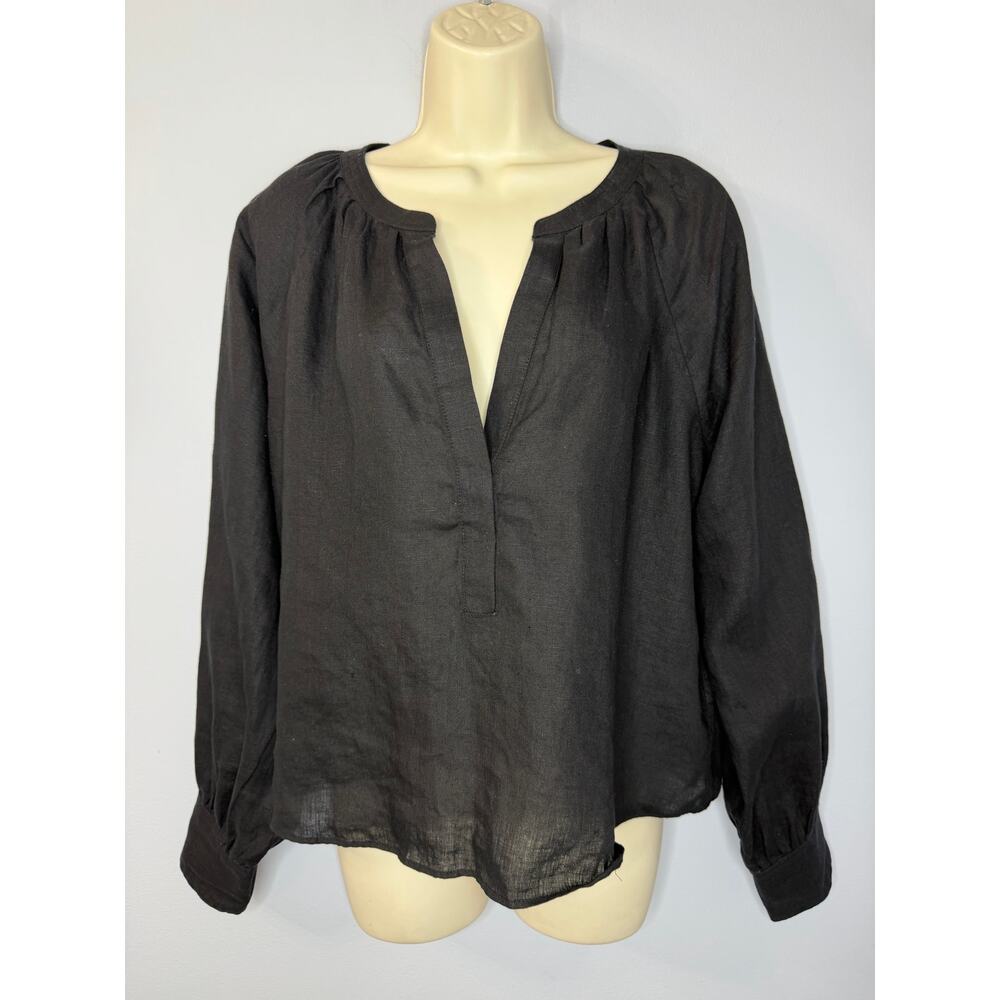 J. Crew Cabana Linen V Neck Blouse Black Long Sleeve Sz M Casual Wardrobe - Picture 3 of 13